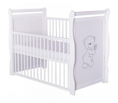 Patut din lemn Jas Ursulet 120x60 cm cu Laterala Culisanta Alb + Saltea 10 cm - BabyNeeds - BabyNeeds