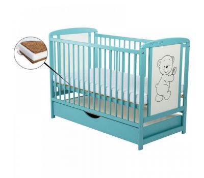 Patut din lemn Timmi 120x60 cm cu Sertar Mint + Saltea 10 cm - BabyNeeds - BabyNeeds