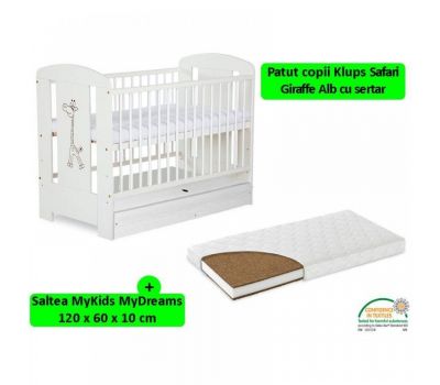 Patut Cu Sertar Safari Giraffe Alb + Saltea 10 Mykids Mydreams - Klups - Klups