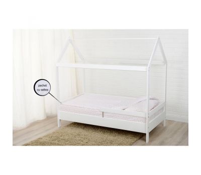 Patut din lemn Casuta 160x80 cm, Alb + Saltea 15 cm - BabyNeeds - BabyNeeds