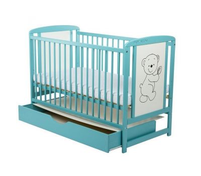 Patut din lemn Timmi 120x60 cm, cu sertar, Mint + Saltea 12 cm - BabyNeeds - BabyNeeds